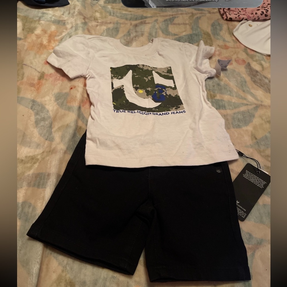 True Religion White Tee and Black Shorts Set
